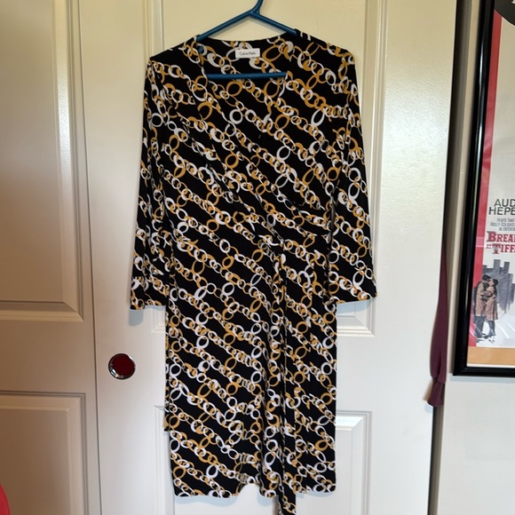Calvin Klein True Wrap Dress Women’s Navy Gold Chain Print Belt Long Sleeve - Picture 1 of 7